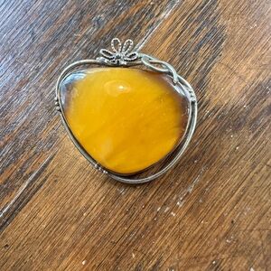Women's Amber Yellow Stone Silver Brooch Baltic Amber